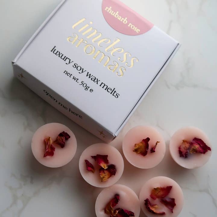 Timeless Aromas Ltd – Engroshandel Smeltevoks – Rabarber Rose Luksus Voks Smelteboks, 8 Mini Dome Sojavoks Smelter2