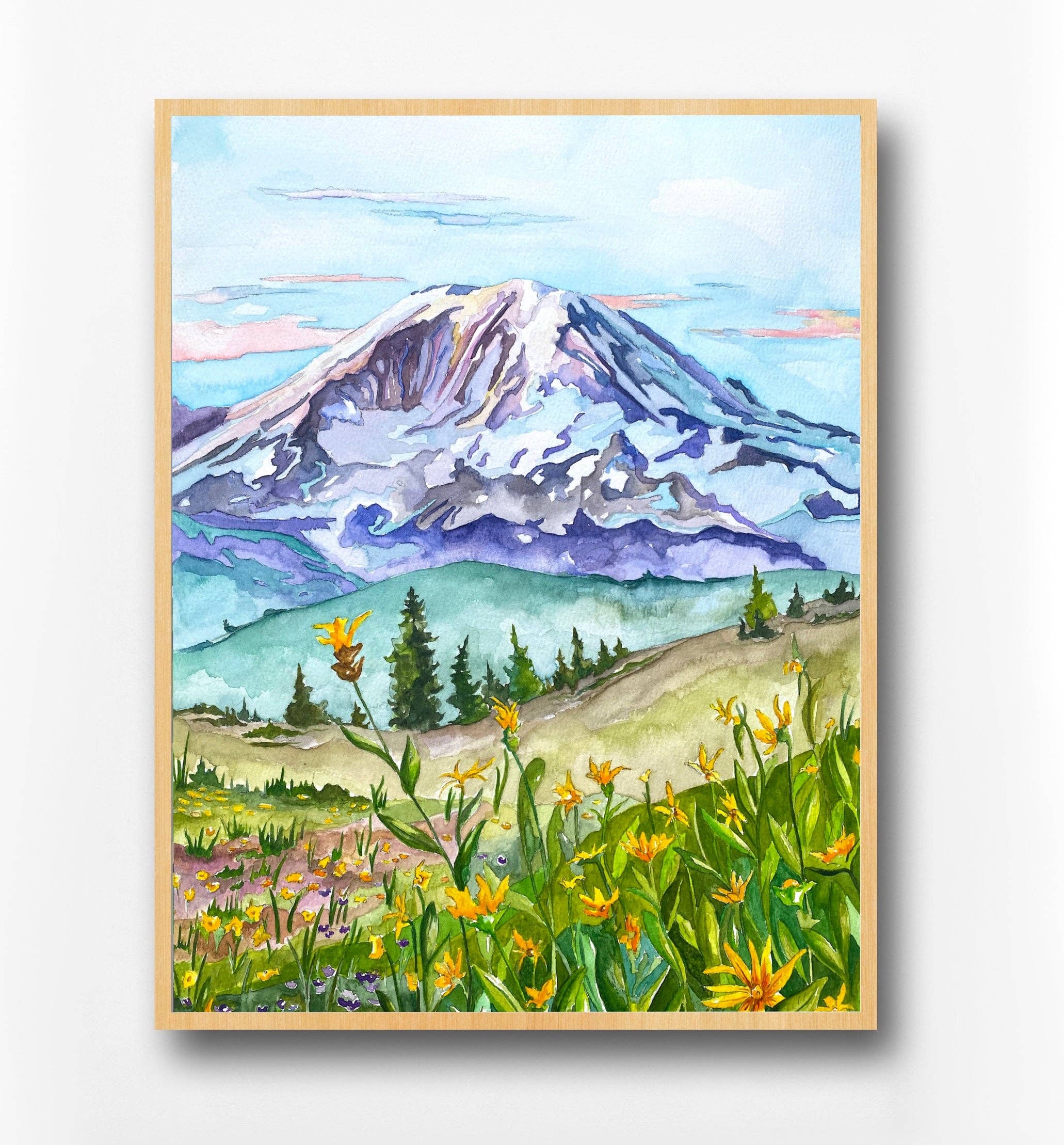 Wild Life Design Co. - Venta al por mayor Ilustración - monte. Lámina de acuarela Rainier | Arte de pared de las montañas de Washington