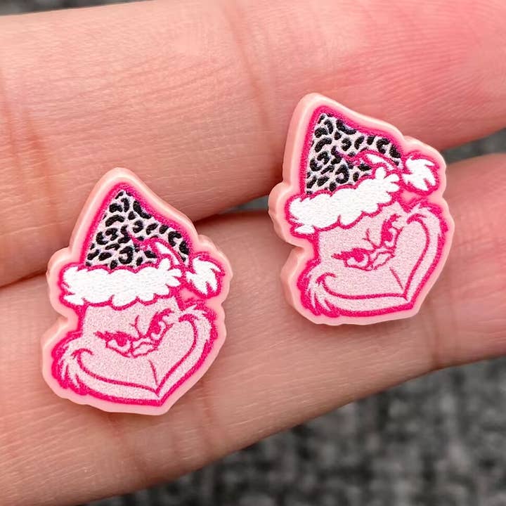 Mio Queena - Wholesale Stud/post earrings - Christmas Jewelry Acrylic Pink Grinch Ear Studs0