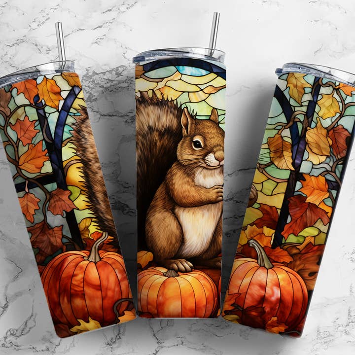 Farvet glas Fall Squirrel Tumbler for engroshandel hos Beautiful Creations by Laney