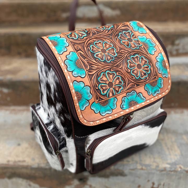 Western Linens - Wholesale Backpack - Women's - Turquoise Floral Tooled Leather & Cowhide Backpack  Â