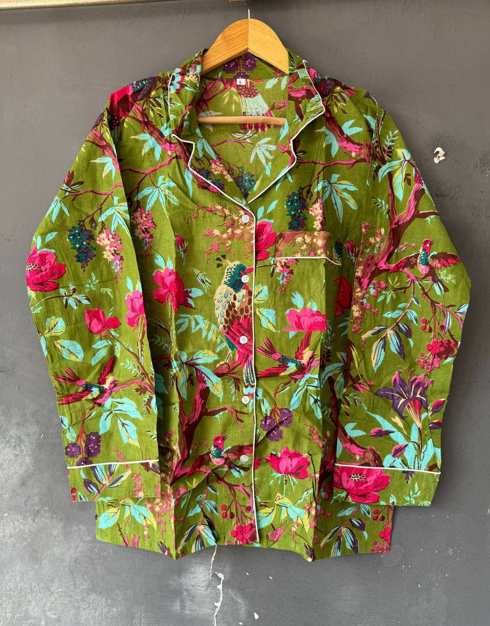 bhavnas boutique – Conjunto de pijama - Mulher por atacado – Conjunto de Pijama de Algodão com Estampa de Pássaros Conjunto de Lounge Conjuntos de PJ2