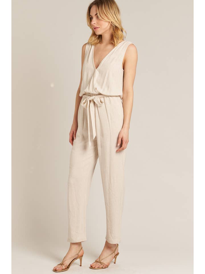 Natural Sleeveless Jumpsuit with Belt for wholesale on Faire