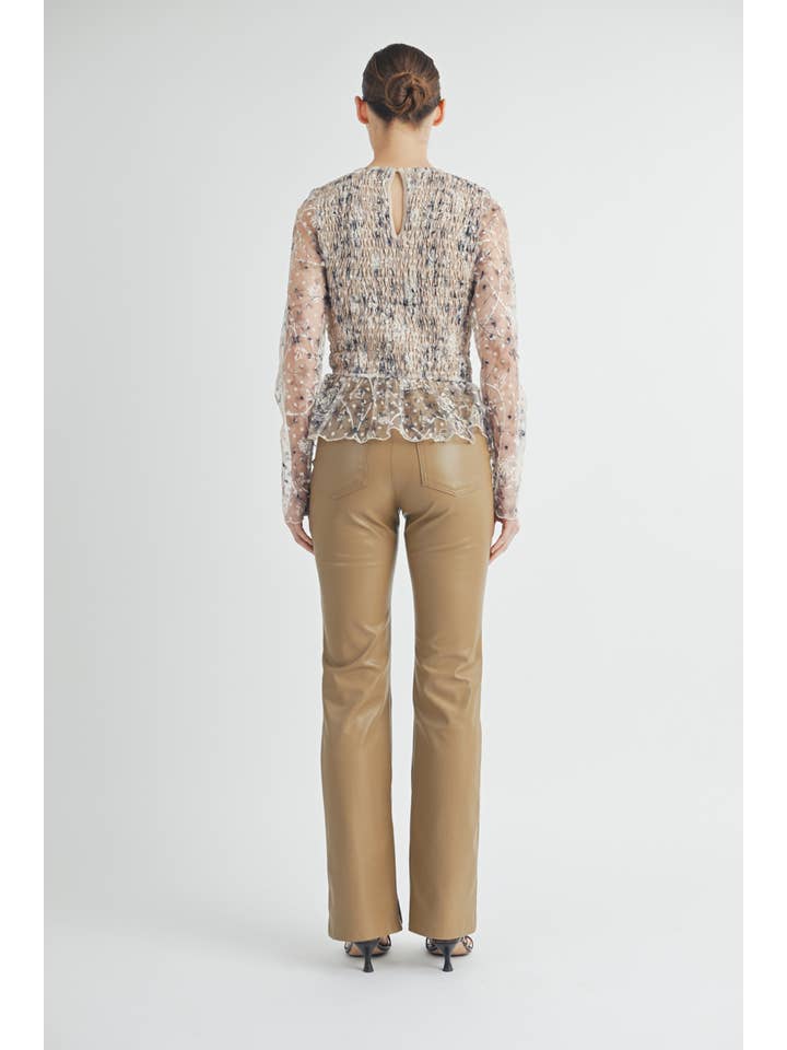 cream Sheer Smocked Embroidered Mesh Peplum Top for wholesale on Faire16