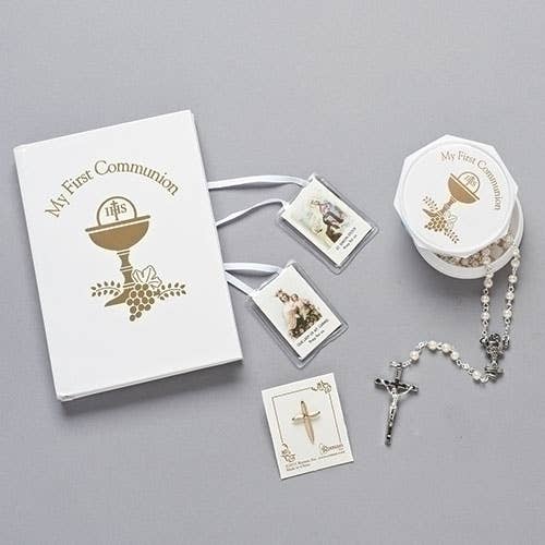 Roman - Wholesale Decorative Tabletop Object - White/Gold Communion Set: Rosary/Box/Book/Scapular; 5-piece0