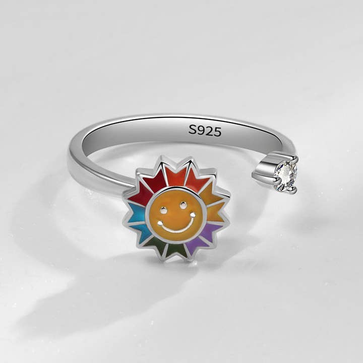 Perimade & Co. LLC - Wholesale Multi-Stone Ring - Smiley Sunflower Anxiety Fidget Spinner Ring in Solid Copper
