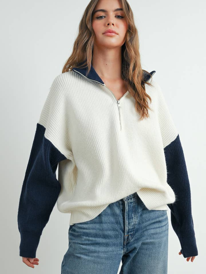 BUTTERMELON - Wholesale Cardigan - Women's - Color Block Collar Half Zipper Pullover Sweater - BMW7589