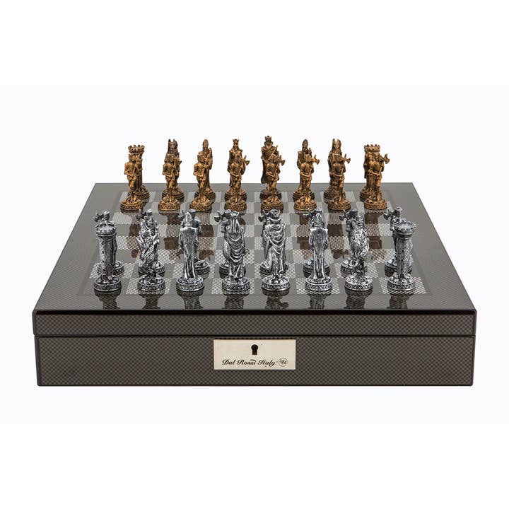Carbon Fibre Finish Chess Box with Medieval Pewter Chessmen for wholesale by Dal Rossi Italy