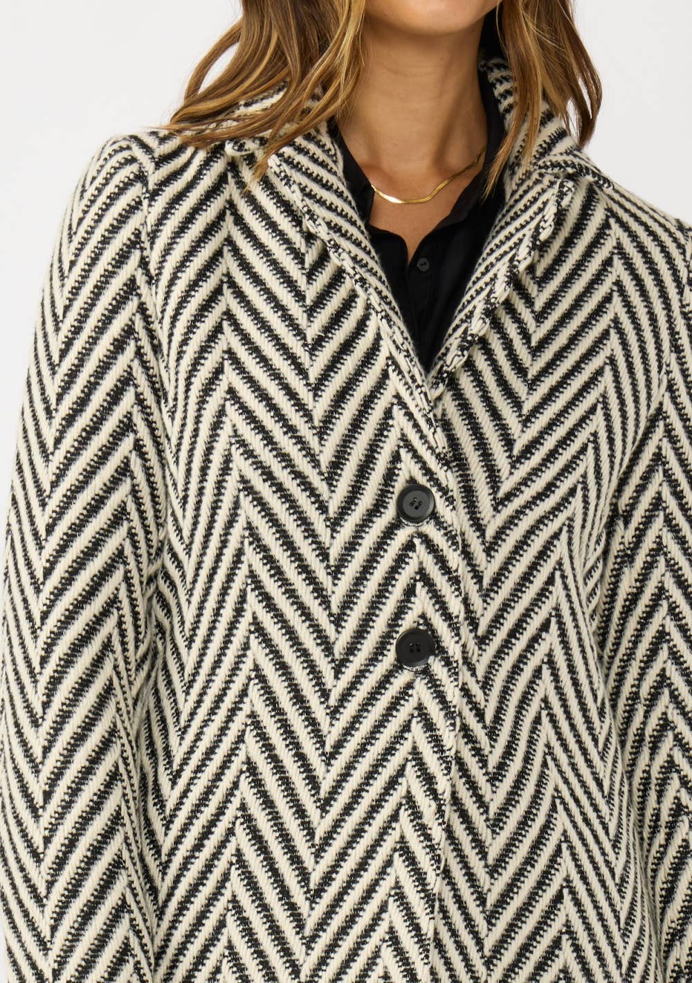 Cream Black Chevron Notched Lapel Long Sleeve Coat for wholesale on Faire3