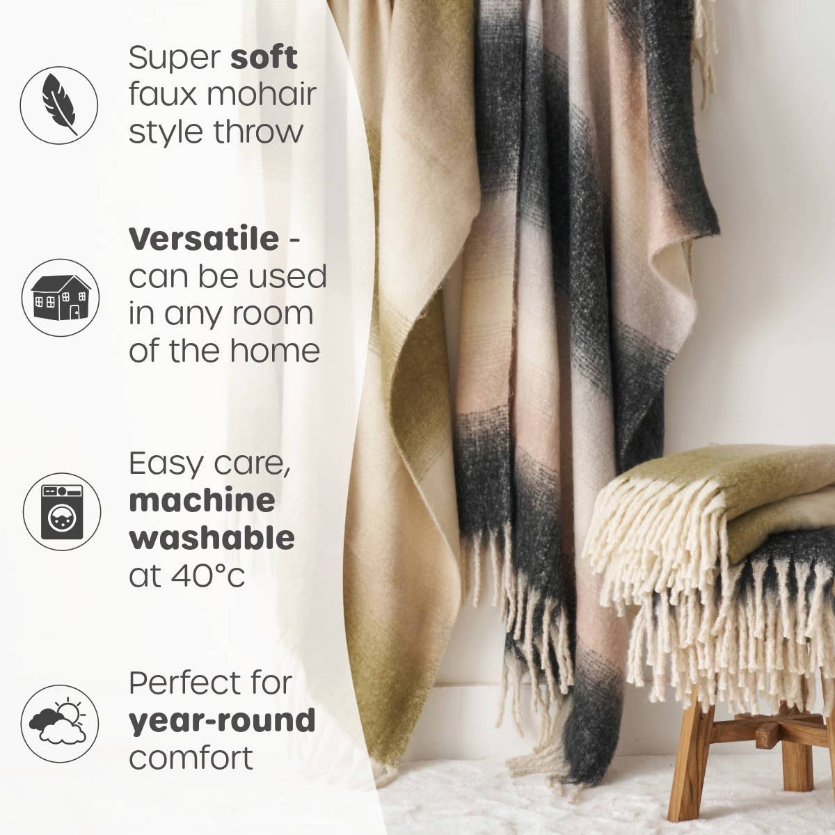 Allure Bath Fashions - Wholesale Throw blanket - Ombre Faux Mohair Throw - Soft Fringed Blanket (Green, Grey)4