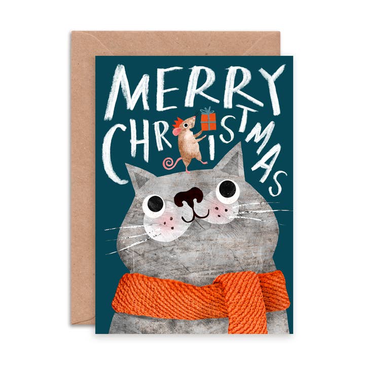 Tarjeta de Felicitación de Navidad de Gato y Ratón | Tarjeta de Navidad de Gato para venta al por mayor de Emily Nash Illustration Greeting Cards