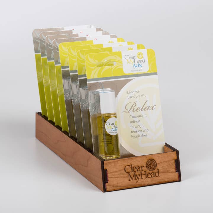 Value Saving: Essential Oil Roll-On with Custom Wood Rack for wholesale by Clear My Head Ltd