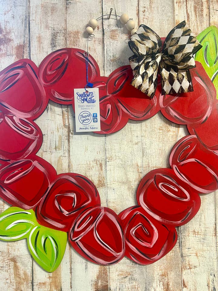 Valentine heart wreath, hand painted, door hanger for wholesale by Sunflower Soul Art