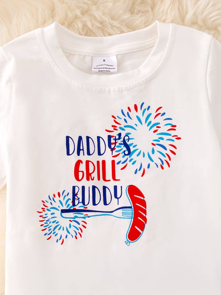 Kids Charm Online - Wholesale Top & Short Set - Kids - "Daddy's Grill Buddy" White T-shirt & blue multi printed shorts. OFB50043 SOL