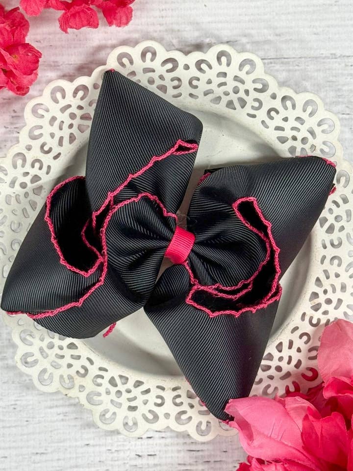 Black with Hot Pink Moonstitch Hair Bow for wholesale by The Hair Bow Company