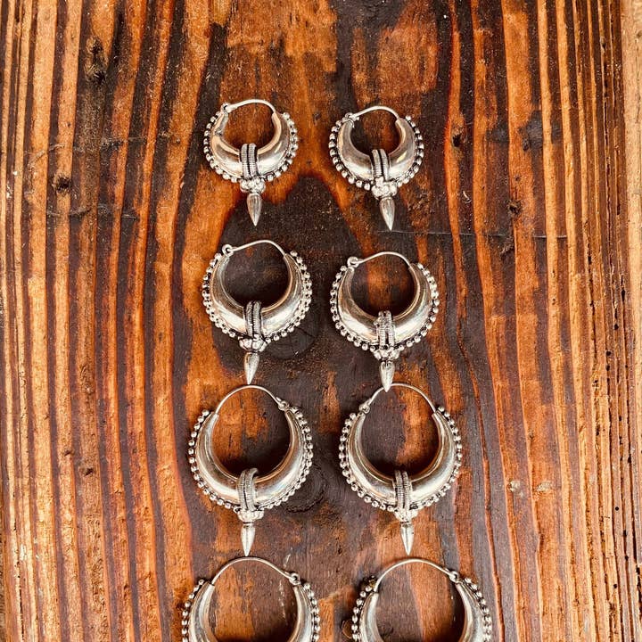 Tribal Chunky Silver Hoops; Ethnic / Boho / Unisex / Mens / Rustic / Psy / Gypsy / Spiral / Hippie / Bohemian / Festival / style for wholesale by Kaali Boutique
