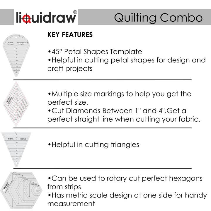 Liquidraw – wholesale Craft tool – Liquidraw Quilting Templates & Rulers for Patchwork Acrylic Stencils Quilting Sewing Ruler Set of 4 Hexagon, Triangle, Petal & Diamond Shapes3