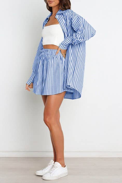 Rosa Clothing - Wholesale Top & Short Set (NOT Loungewear) - Women's - classic striped long sleeve shirt & short set holiday dressy20
