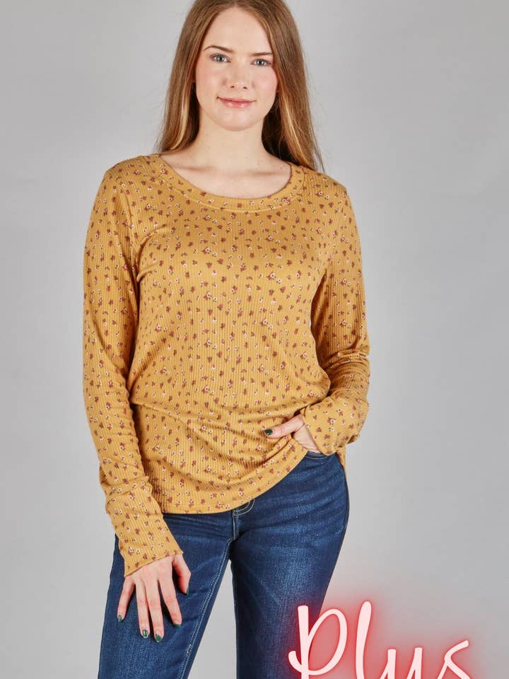 Blommig ribbstickad långärmad topp med rund hals 6987-plus för wholesale av P.S Kate