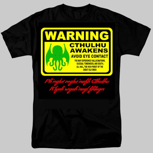 Warning! Cthulhu Awakens T-Shirt for wholesale by Pegasus Publishing