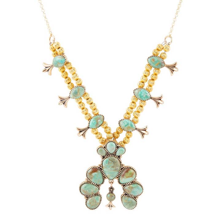Collier Squash Blossom imposant bleu turquoise doré pour la vente par Barse Jewelry