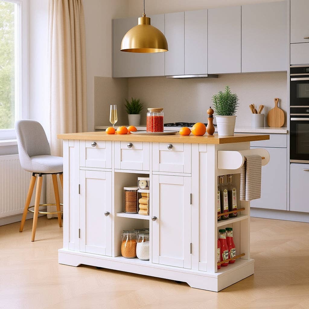 Urban Meuble - Wholesale Kitchen Storage/Organizer - White kitchen island with wood effect, extendable top, storage, and USB ports AMYLOPECT3