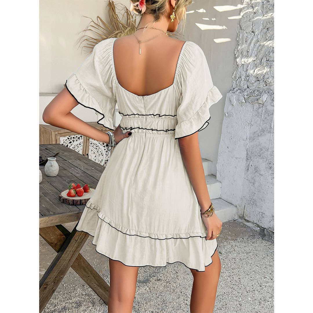 UNISHE - Vendita all'ingrosso Vestito - Donna - Abito a tinta unita con orlo a balze, scollo quadrato e maniche corte DY33413