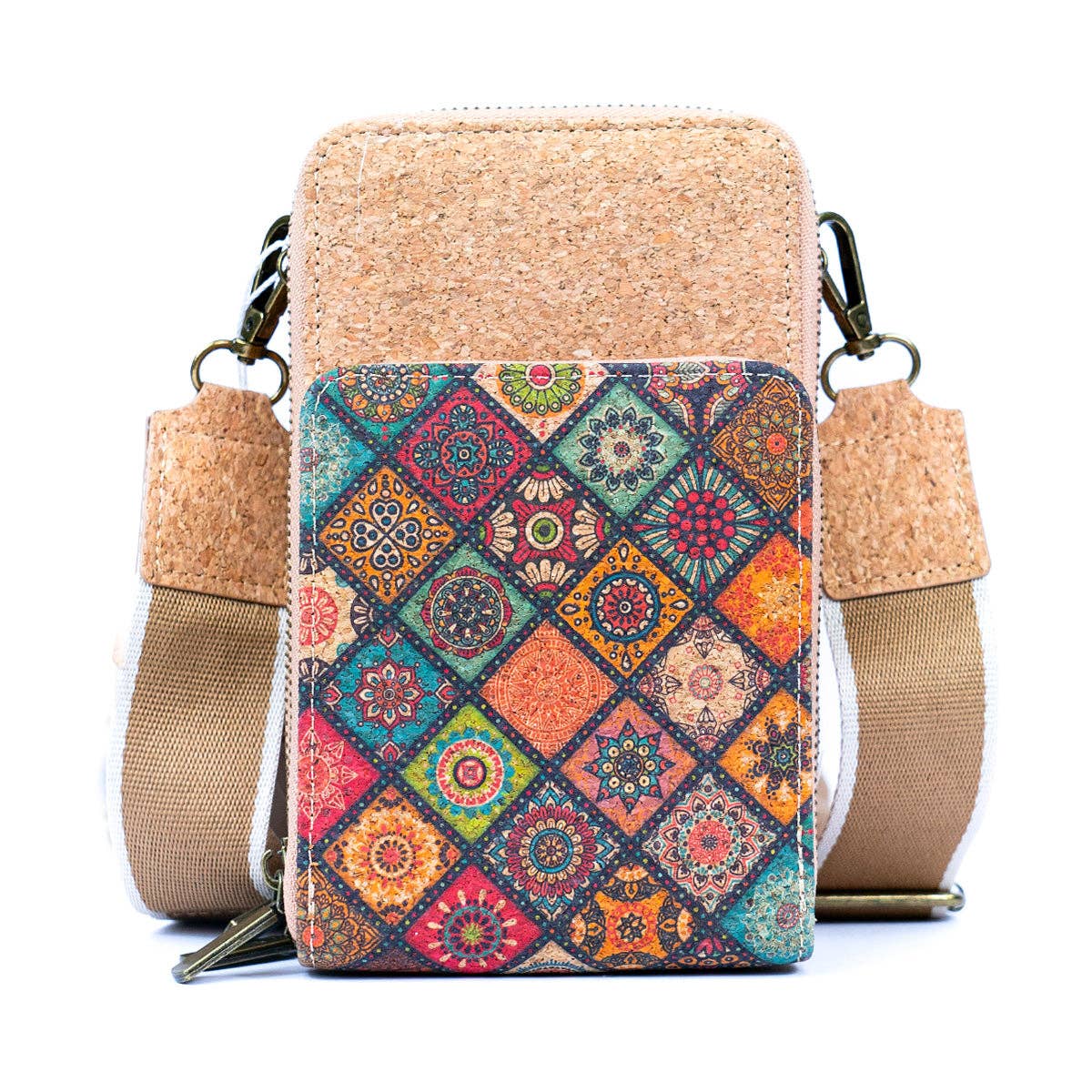 Meninas Bonitas Cork - Wholesale Crossbody Bag - Women's - Natural Cork Women's Crossbody Phone Bag with Triple Zipper Design BAG-231111