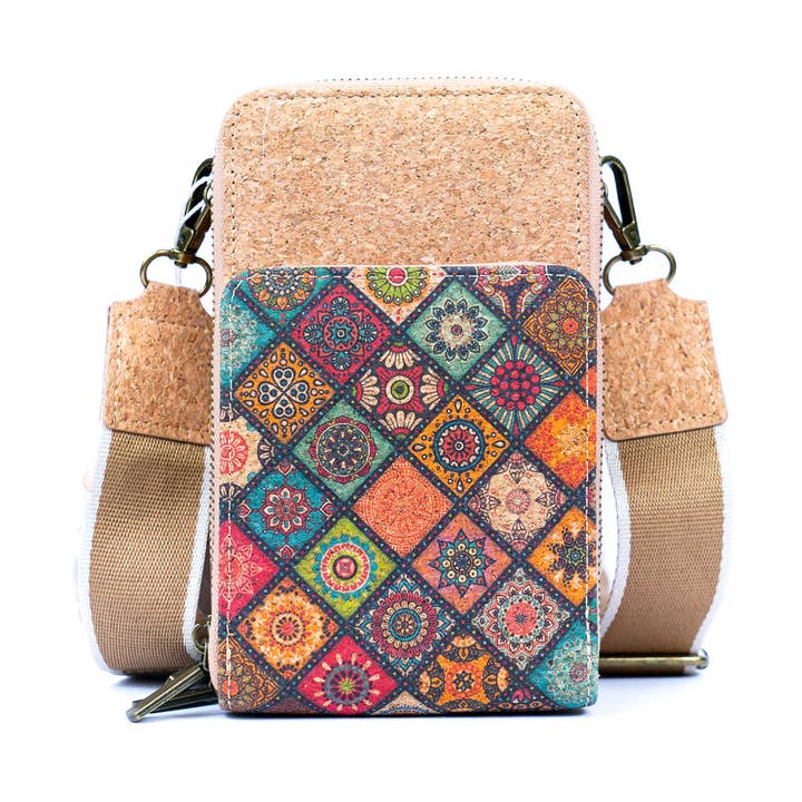 Meninas Bonitas Cork - Wholesale Crossbody Bag - Women's - Natural Cork Women's Crossbody Phone Bag with Triple Zipper Design BAG-231111