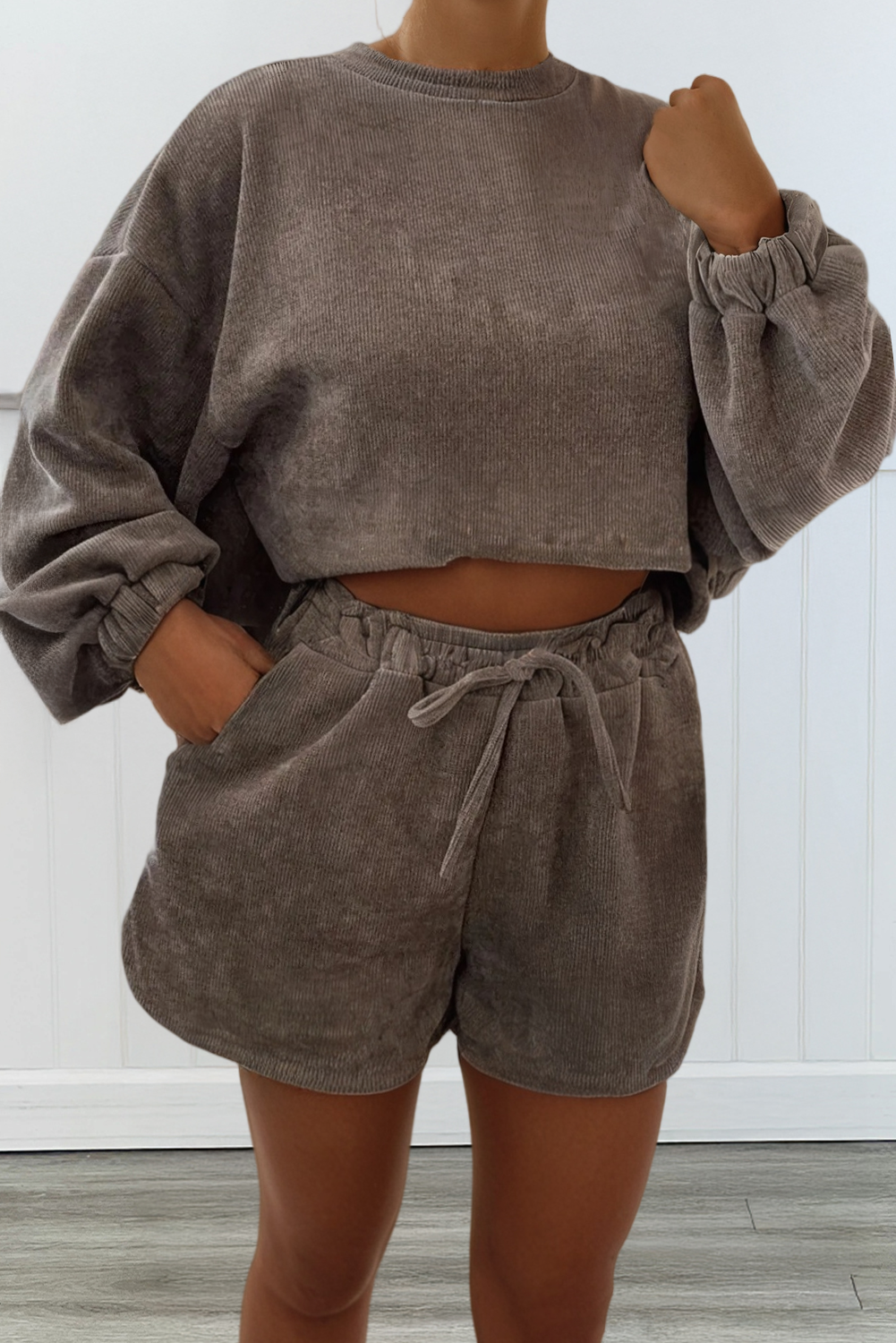 LA Society - Wholesale Lounge Set - Women's - LAS Textured Knit Pullover Drawstring Shorts Sets (S-XL)0