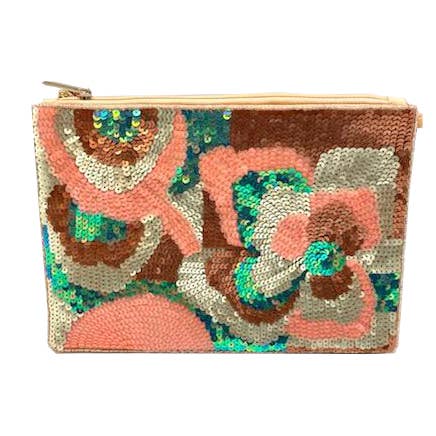PEACH SEQUIN ZIPPER TOP CLUTCH for wholesale by Pizzazz, Inc.