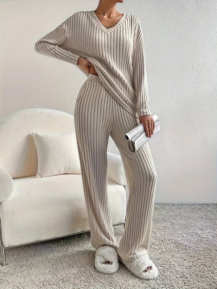 Rosa Clothing - Wholesale Top & Pant Set (NOT Loungewear) - Women's - Ribbed V-Neck Long Sleeve Shirt & Pants Set4