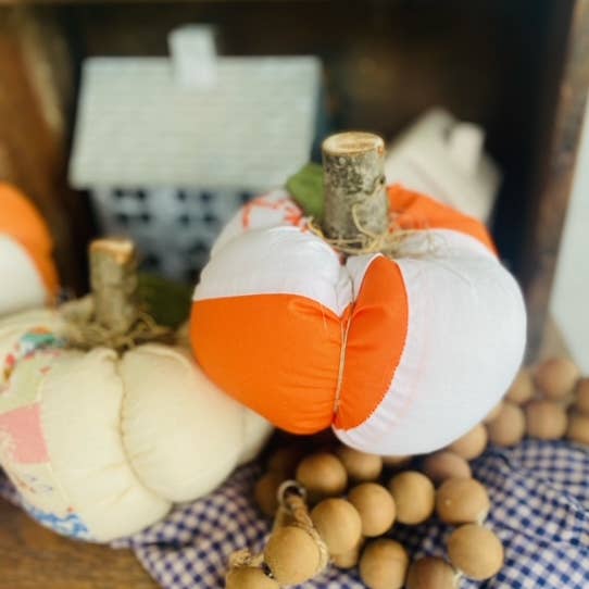 A Gnome on the Roam - Wholesale Decorative Tabletop Object - Handmade Fabric Pumpkins Vintage Quilt Top 7" Fall Decor6