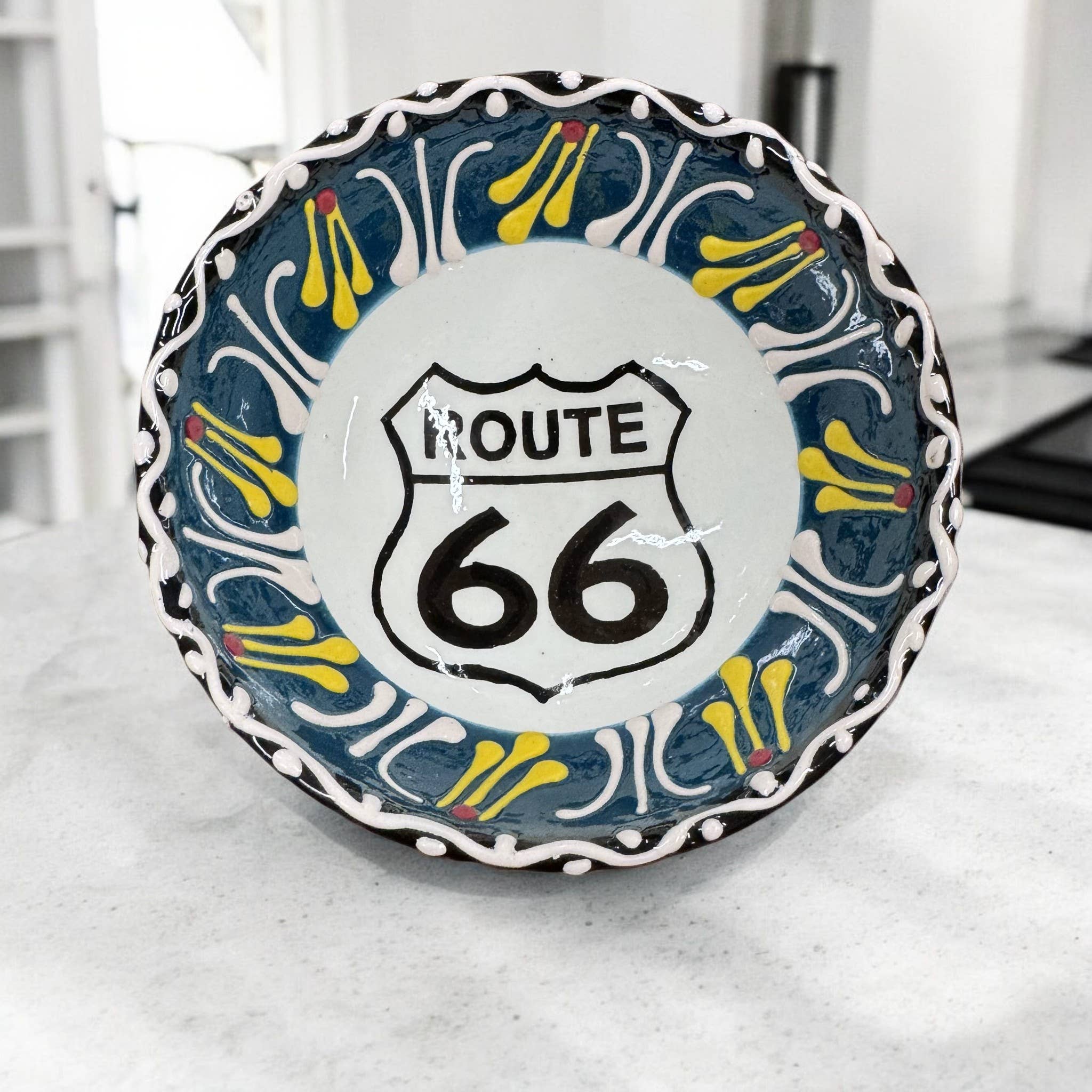 Import Corner - Wholesale Bowl - 39602-R: 3" ROUND CERAMIC EMBOSSED BOWL - ROUTE 66 - BLACK &2