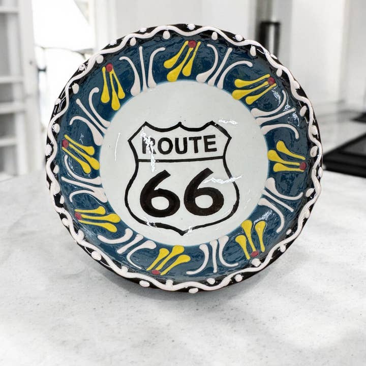 Import Corner - Wholesale Bowl - 39602-R: 3" ROUND CERAMIC EMBOSSED BOWL - ROUTE 66 - BLACK &2