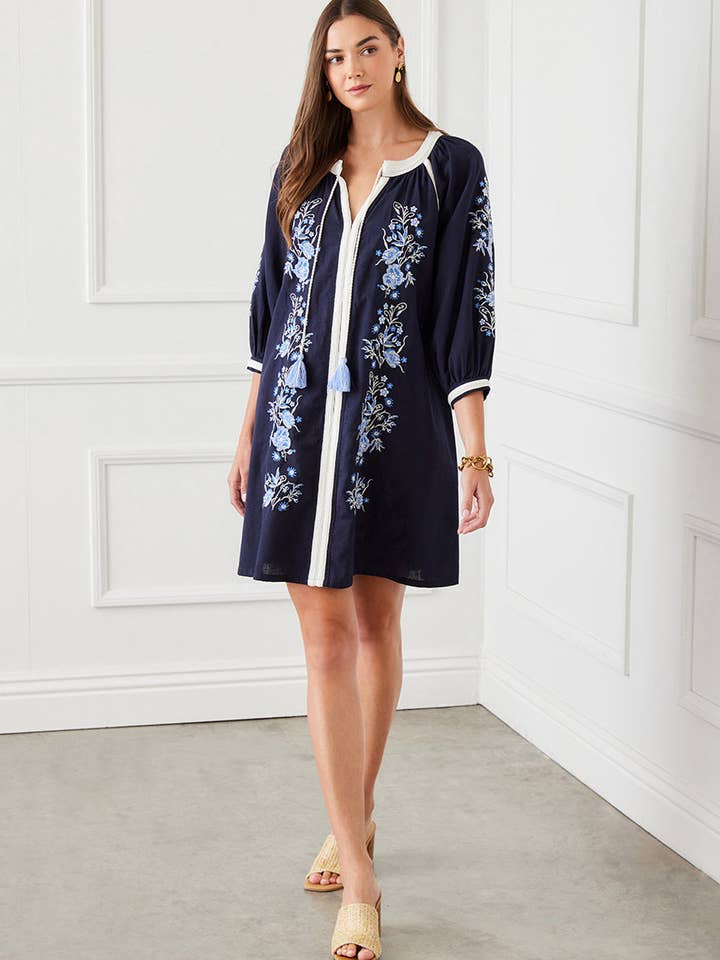 Navy Blouson Sleeve Embroidered Peasant Dress for wholesale on Faire