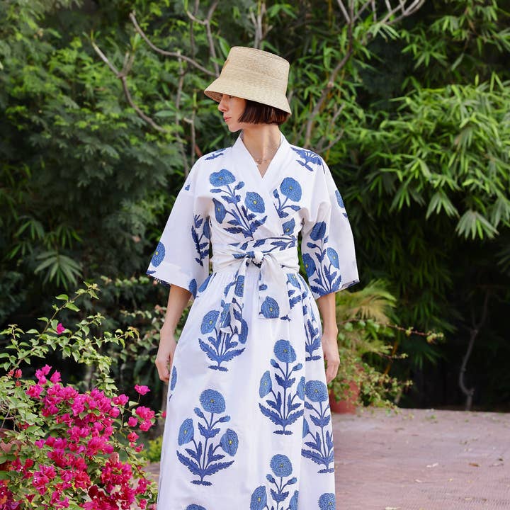 Como Wrap Dress Indigo Blue Flower for wholesale by Maison Marigold