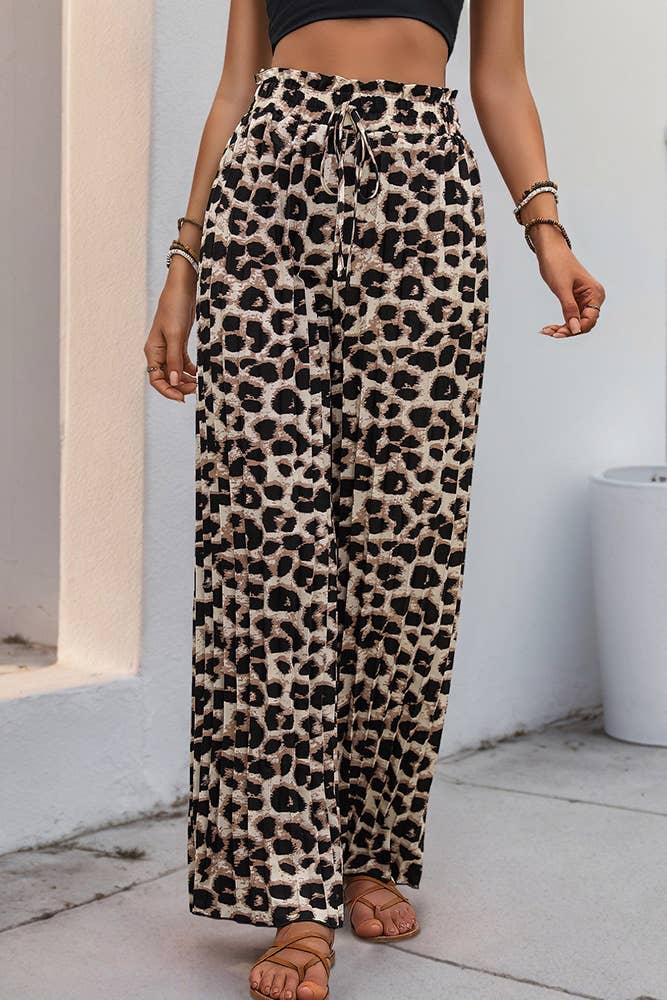 Black Leopard Pleated Wide-Leg High Waist Pants for wholesale on Faire0