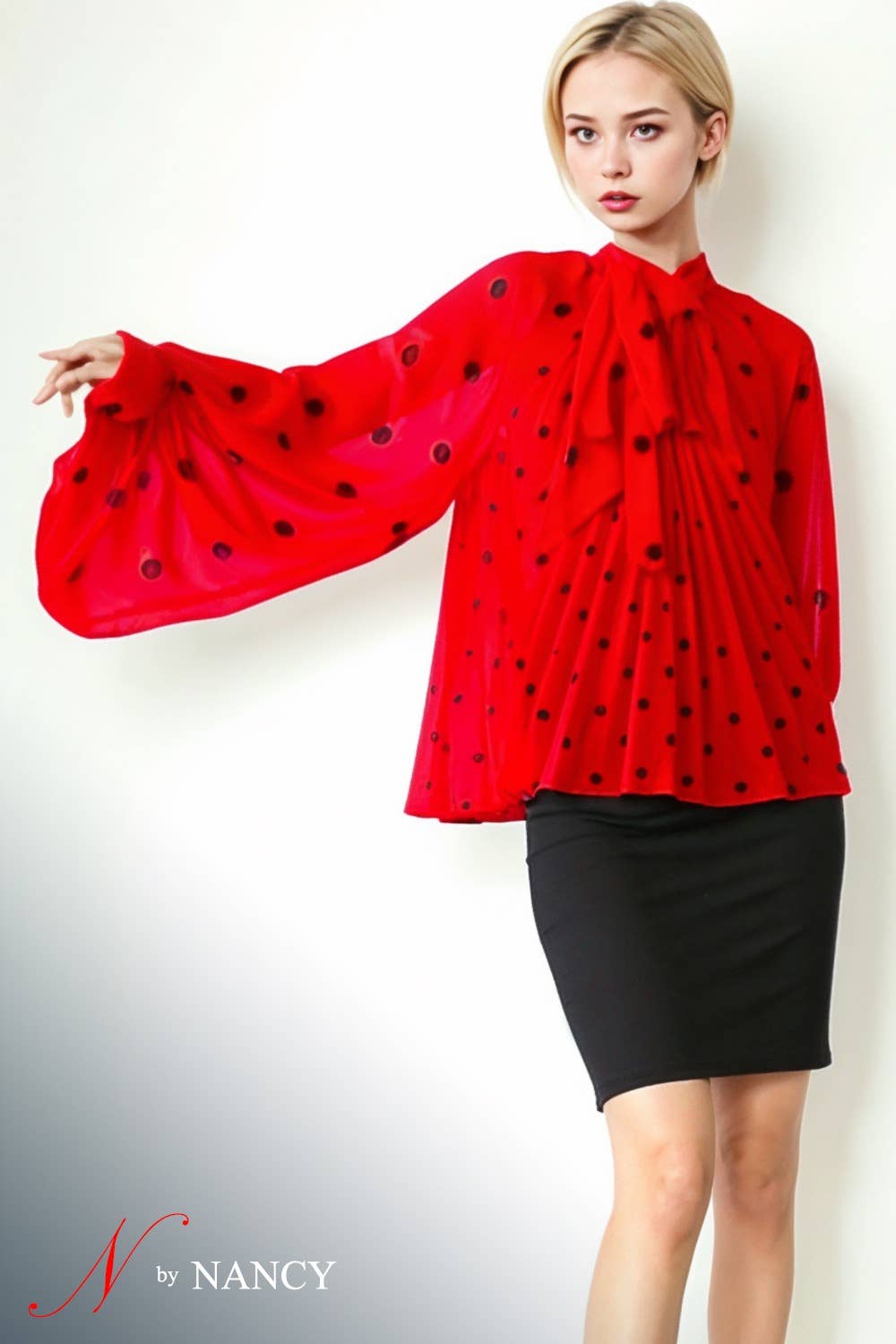 N by Nancy - Wholesale Blouse - Women's - C3395 POLKA DOT PLEATED TOP (RED, WHT)3
