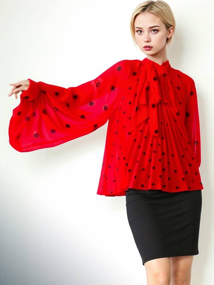 N by Nancy - Wholesale Blouse - Women's - C3395 POLKA DOT PLEATED TOP (RED, WHT)3