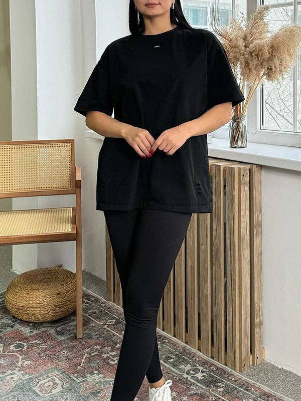 UZ Wholesale Store – Engroshandel Tunika - Dame – Løse korte ærmer Kontrastfarve Hult bogstavtryk T-shirttoppe med rund hals5