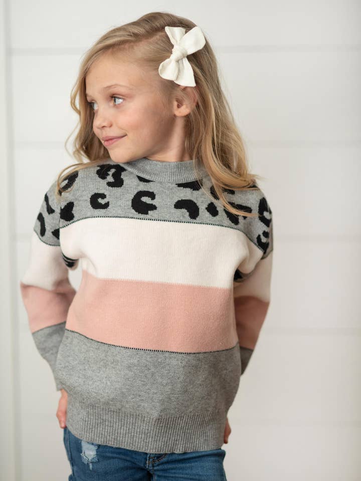 Kids Pink Gray Leopard Stripe Crew Neck Fall Winter Sweater for wholesale by Adorable Sweetness