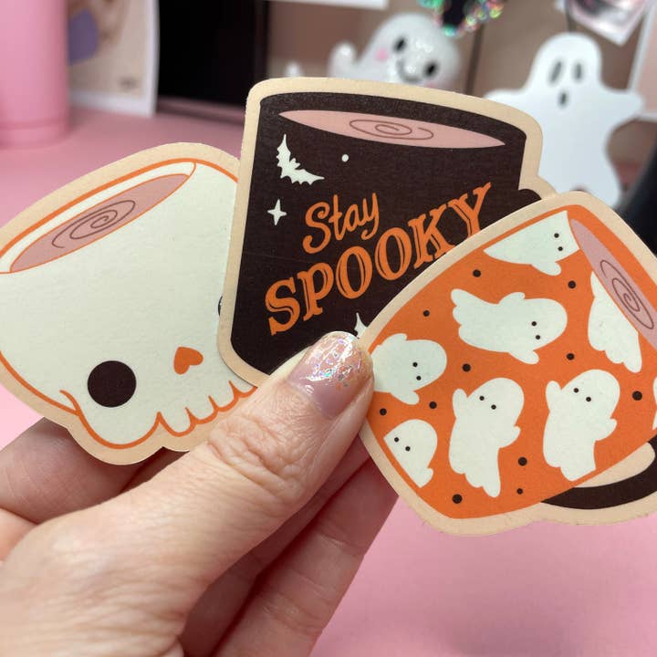 Spooky Coffee Mugs Stickers: Skull, Ghost, Stay Spooky Vinyl Sticker for wholesale by Wendy Stephens Art