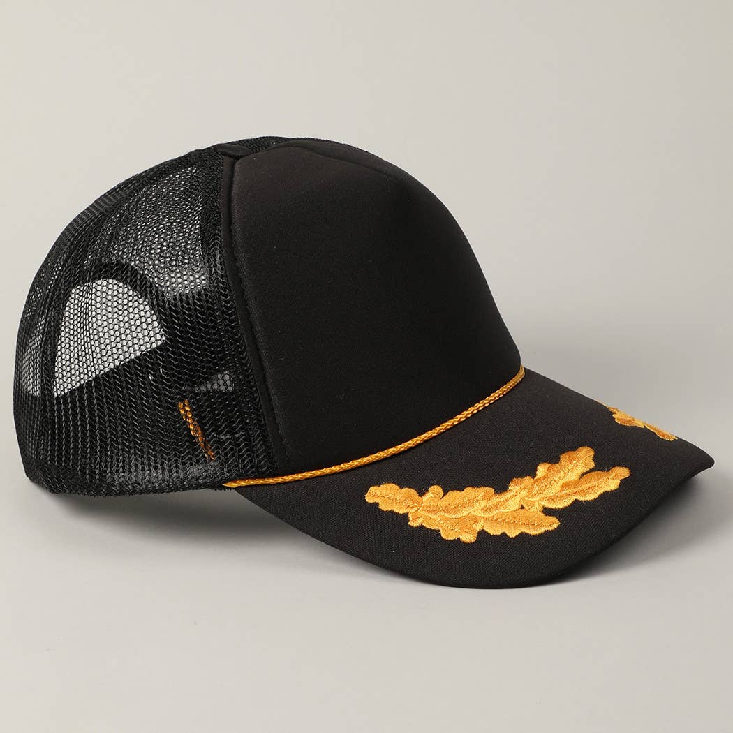  M BLK GLD Vintage Captain Trucker Hat with Gold Embroidery for wholesale on Faire1