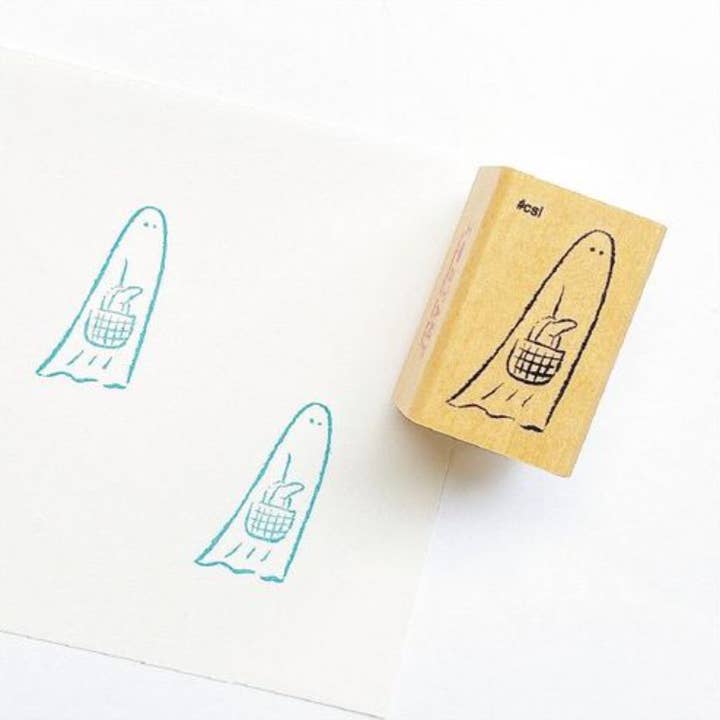 Shopping Ghost Rubber Stamp | Kodomo no Kao Wood Stamp  for wholesale by 「FUNJI」In Japan