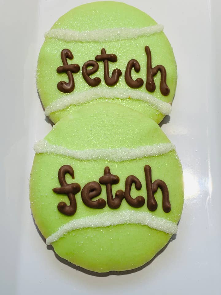 Tennis Ball Vanilla Cookie Dog Treat for wholesale by The Blue Cerebus Dog Bakery