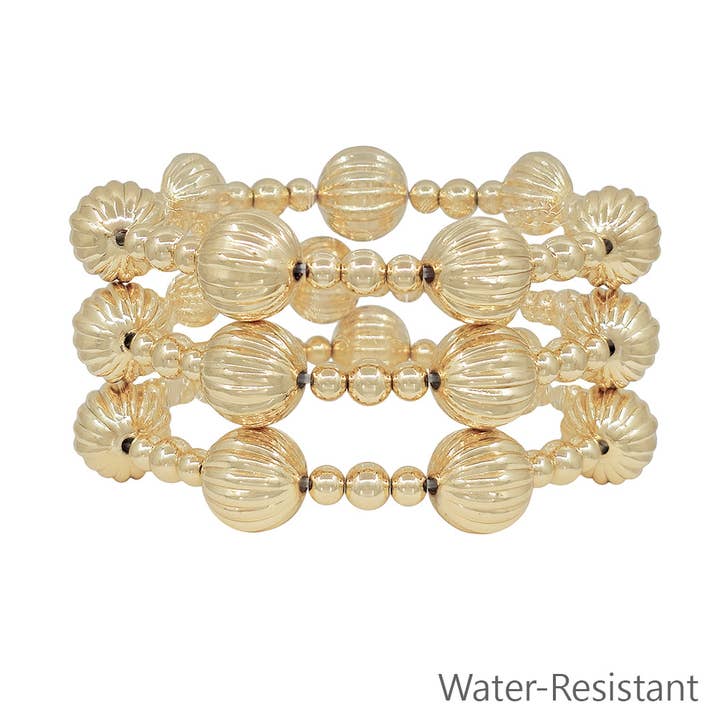 Water Resistant Set of 3 Gold Beaded with 14MM Textured Beaded Bracelet Set for wholesale by What's Hot