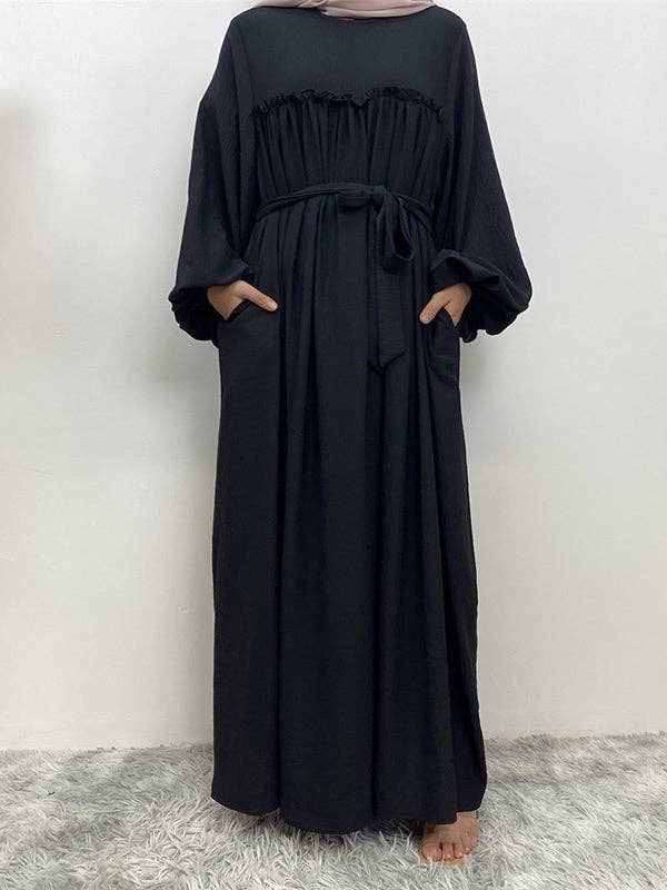 StyleGalX - Wholesale Jurk - Dames - Elasticiteit met lange mouwen en bisschopmouwen, geplooide, effen kleur, gespleten taille, ronde hals, maxi-jurken8