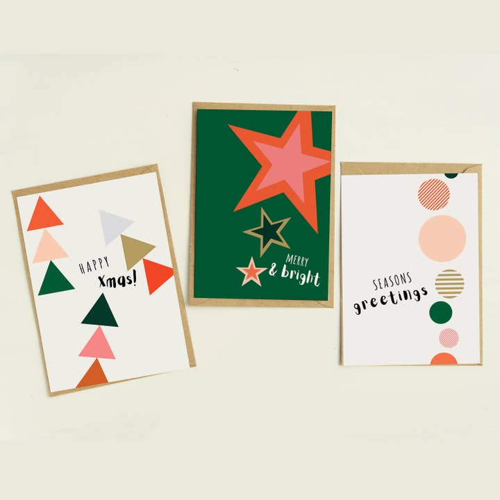 Merry & Bright Christmas Card 6 Pack for wholesale by Greenwich Paper Studio