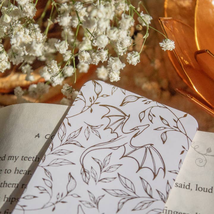 Meaggie Moos - Wholesale Bookmark - Gold Foil and White Floral Dragons Bookmark | Soft Touch